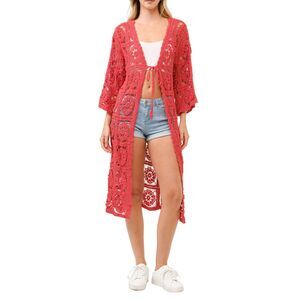 Red Crochet Kimono Long Swimwear Coverup Beach Layers Jeans Swimsuit One Size